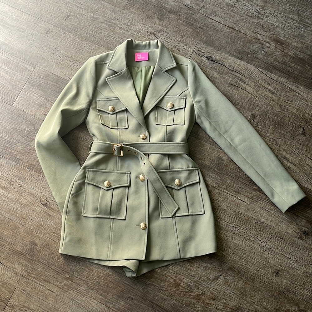 Miss Robinson Fashion House Olive Green Blazer Romper Skort Dress Medium NWOT